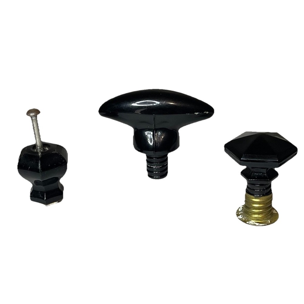 Vintage Black Glass Drawer Cabinet Knobs Pulls Mixed Styles Art Deco Lot of 3